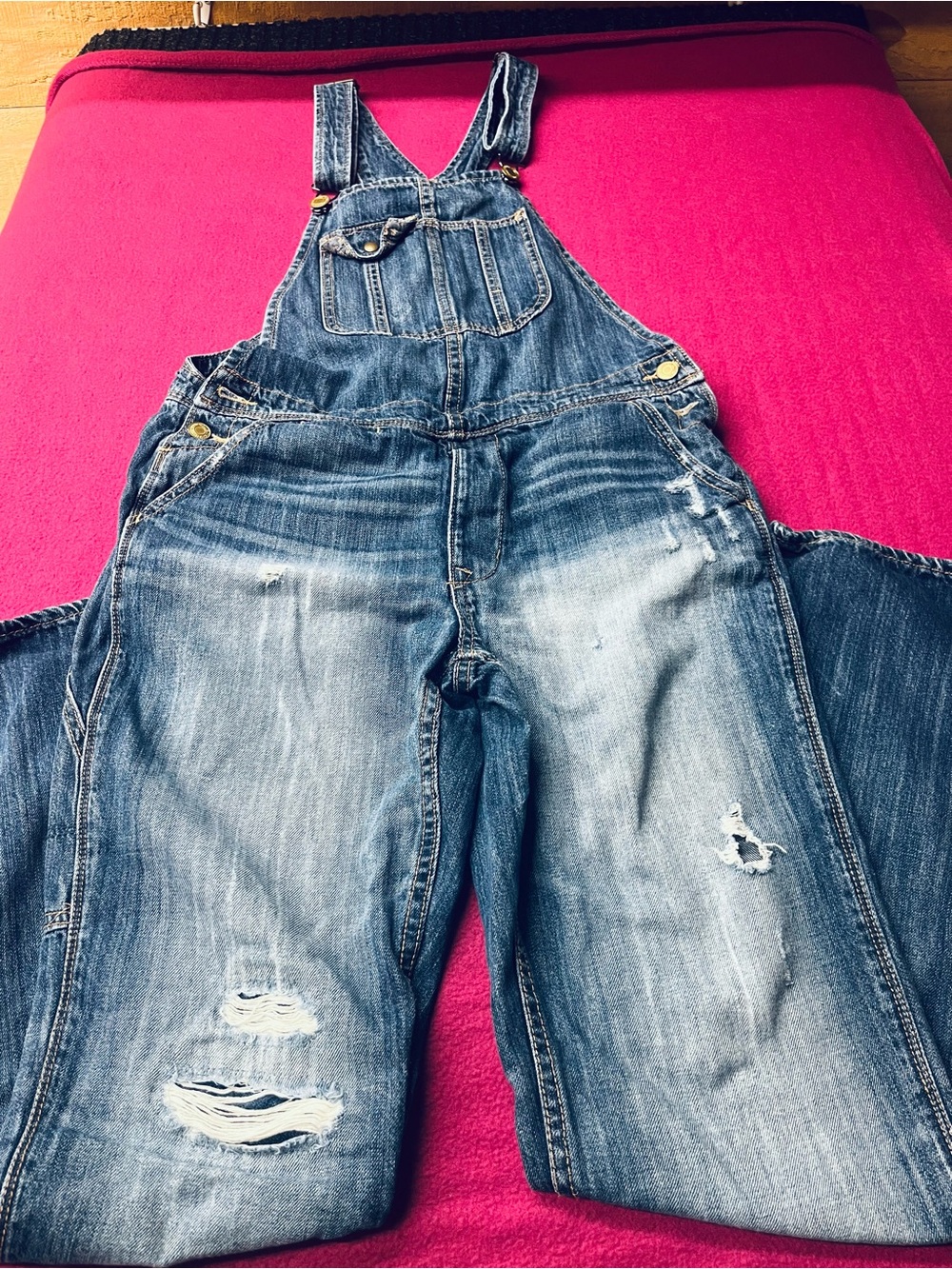 American Eagle Outfitters Distressed Blue Denim Overalls